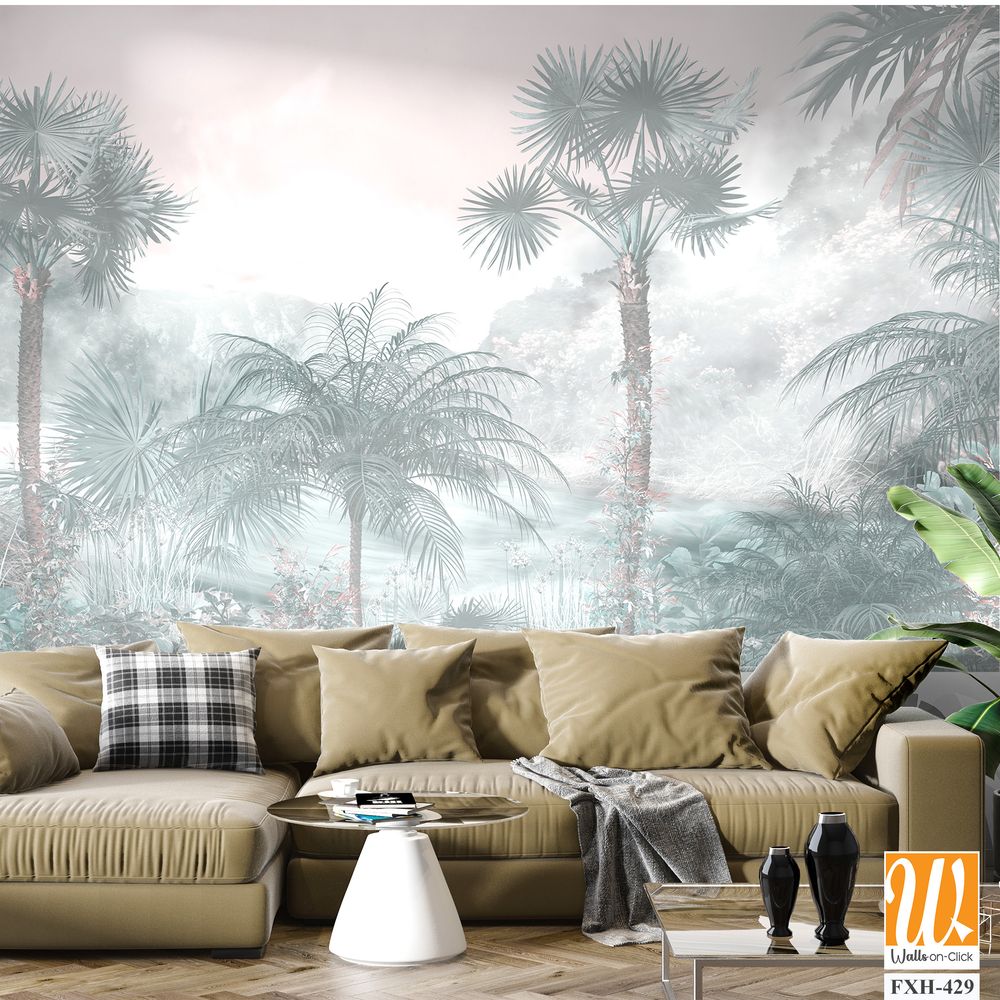 Tropical trees and leaves for digital printing wallpaper, custom design wallpaper - 3D illustration [WP-FXH-429]