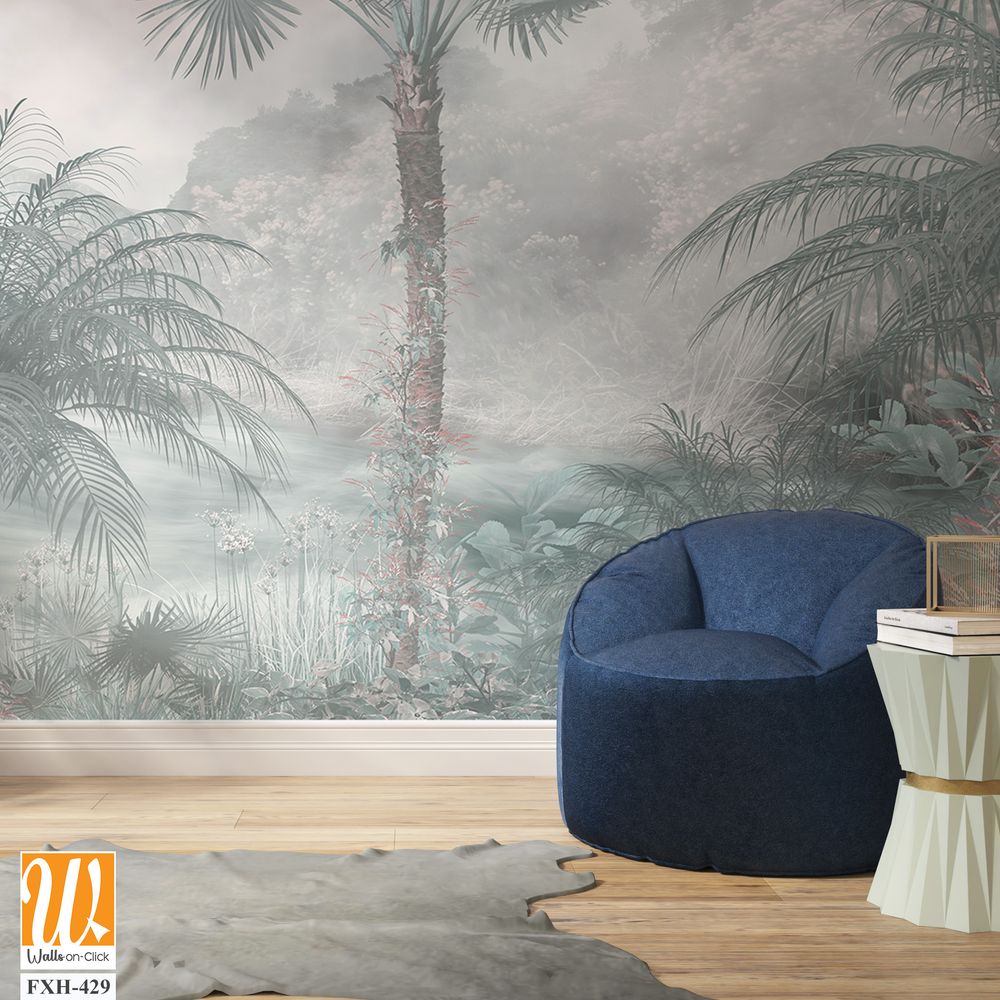 Tropical trees and leaves for digital printing wallpaper, custom design wallpaper - 3D illustration [WP-FXH-429]