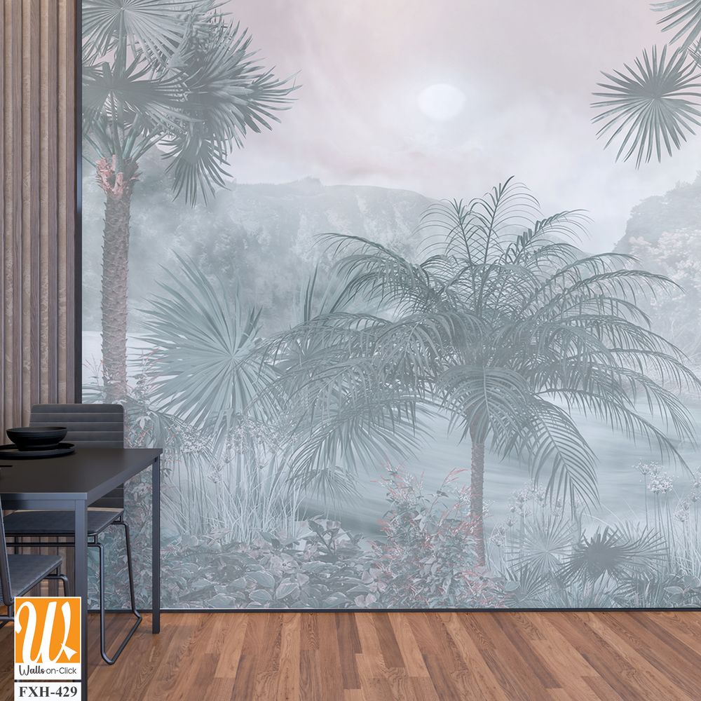 Tropical trees and leaves for digital printing wallpaper, custom design wallpaper - 3D illustration [WP-FXH-429]