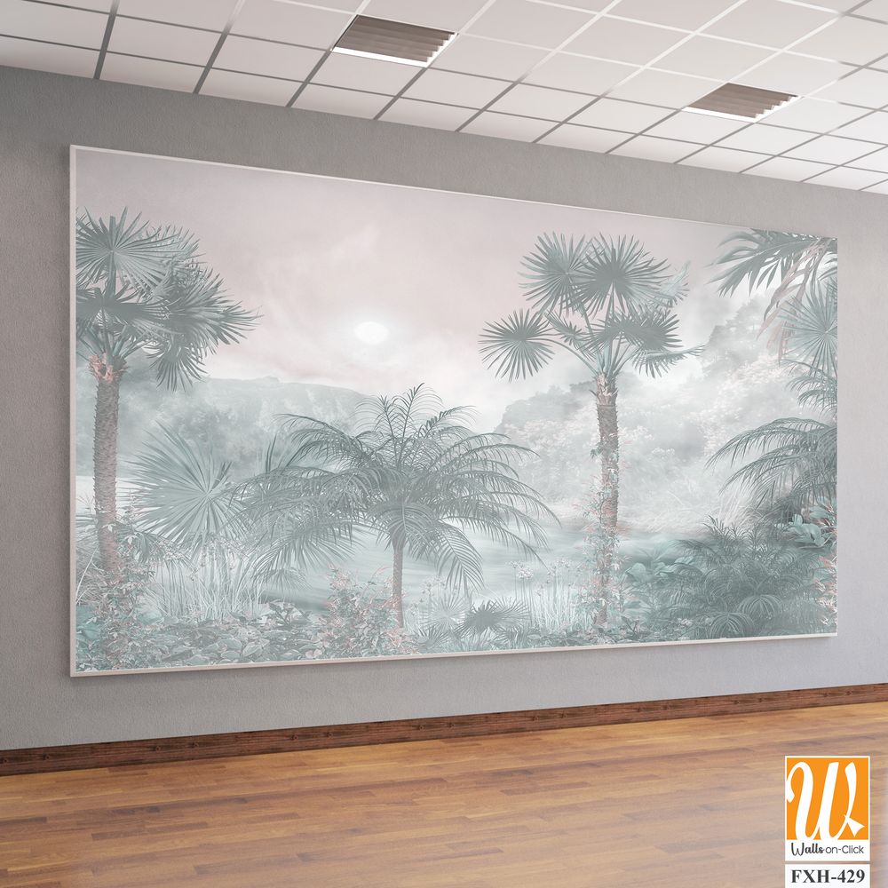 Tropical trees and leaves for digital printing wallpaper, custom design wallpaper - 3D illustration [WP-FXH-429]