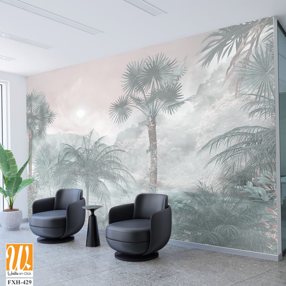 Tropical trees and leaves for digital printing wallpaper, custom design wallpaper - 3D illustration [WP-FXH-429]