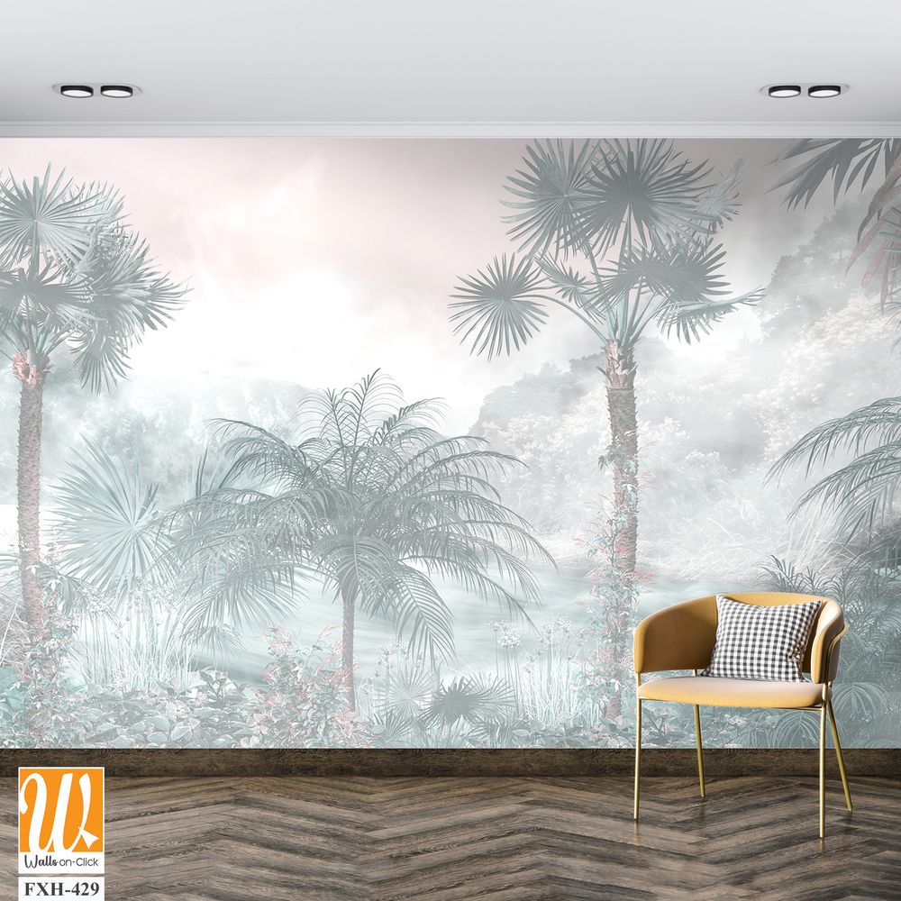 Tropical trees and leaves for digital printing wallpaper, custom design wallpaper - 3D illustration [WP-FXH-429]