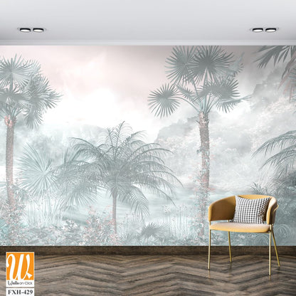 Tropical trees and leaves for digital printing wallpaper, custom design wallpaper - 3D illustration [WP-FXH-429]