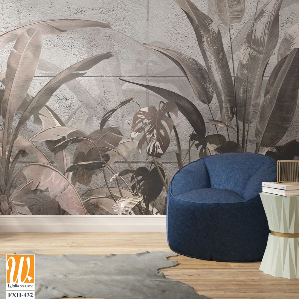 Tropical trees and leaves in foggy forest wallpaper design - 3D illustration [WP-FXH-432]