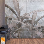 Tropical trees and leaves in foggy forest wallpaper design - 3D illustration [WP-FXH-432]