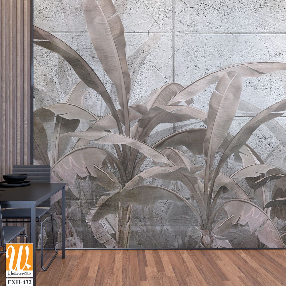 Tropical trees and leaves in foggy forest wallpaper design - 3D illustration [WP-FXH-432]