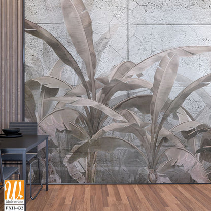 Tropical trees and leaves in foggy forest wallpaper design - 3D illustration [WP-FXH-432]