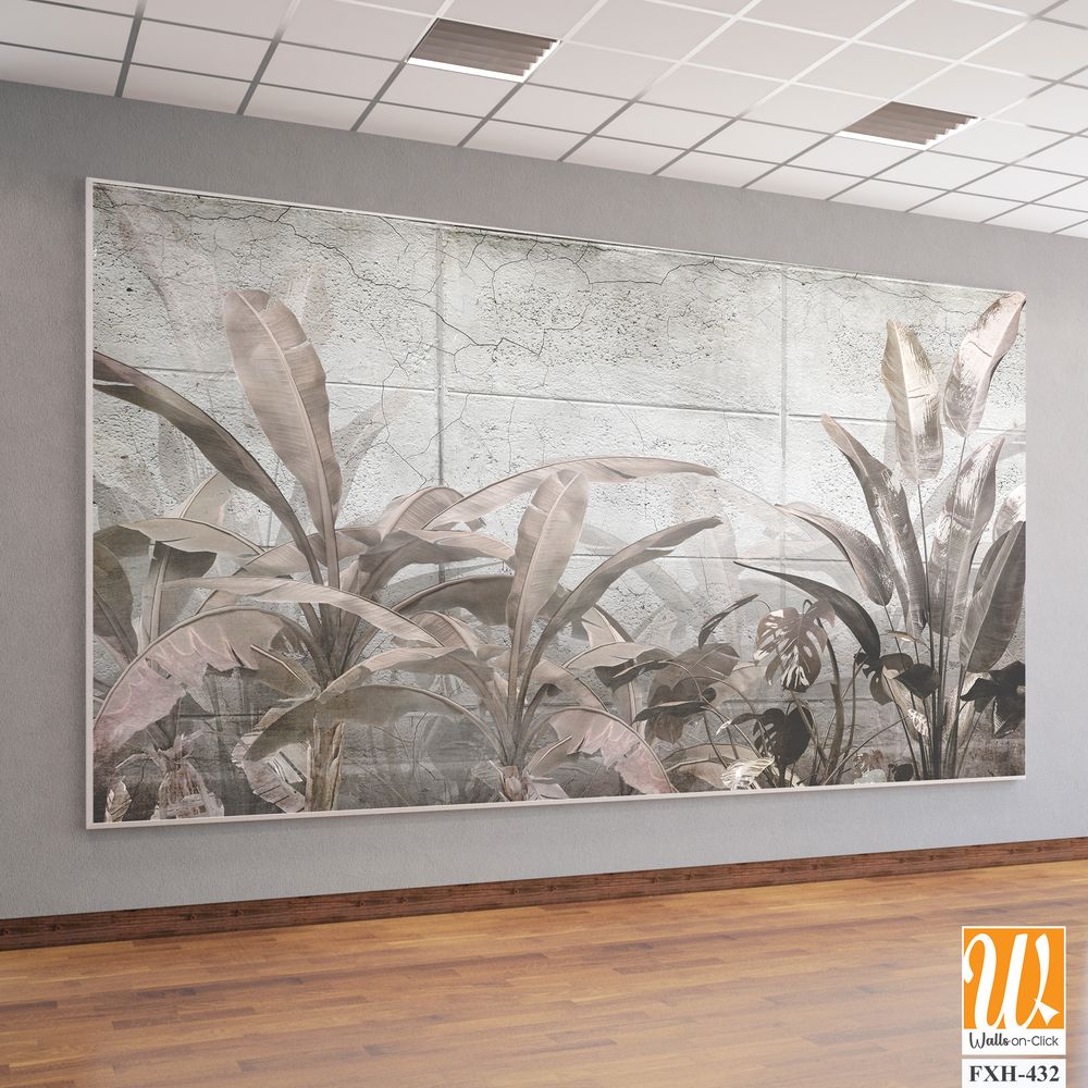 Tropical trees and leaves in foggy forest wallpaper design - 3D illustration [WP-FXH-432]