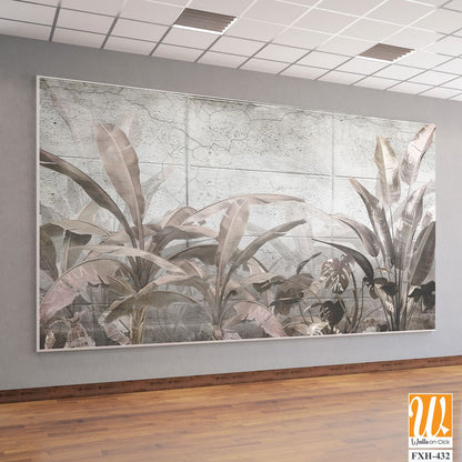 Tropical trees and leaves in foggy forest wallpaper design - 3D illustration [WP-FXH-432]