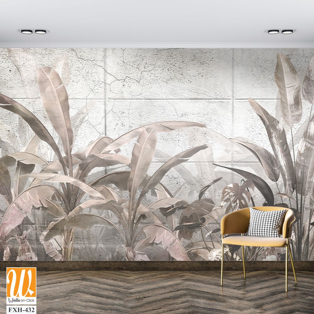 Tropical trees and leaves in foggy forest wallpaper design - 3D illustration [WP-FXH-432]