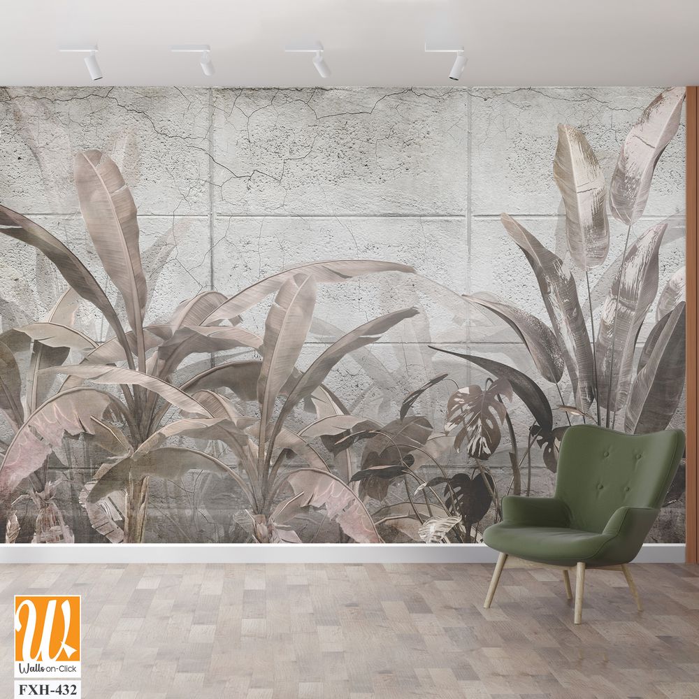 Tropical trees and leaves in foggy forest wallpaper design - 3D illustration [WP-FXH-432]