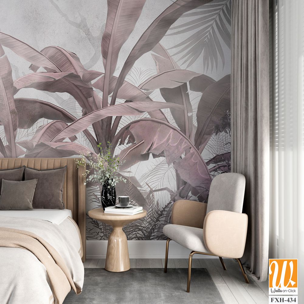 Tropical trees and leaves in foggy forest wallpaper design - 3D illustration [WP-FXH-434]