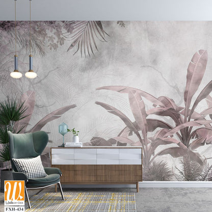 Tropical trees and leaves in foggy forest wallpaper design - 3D illustration [WP-FXH-434]