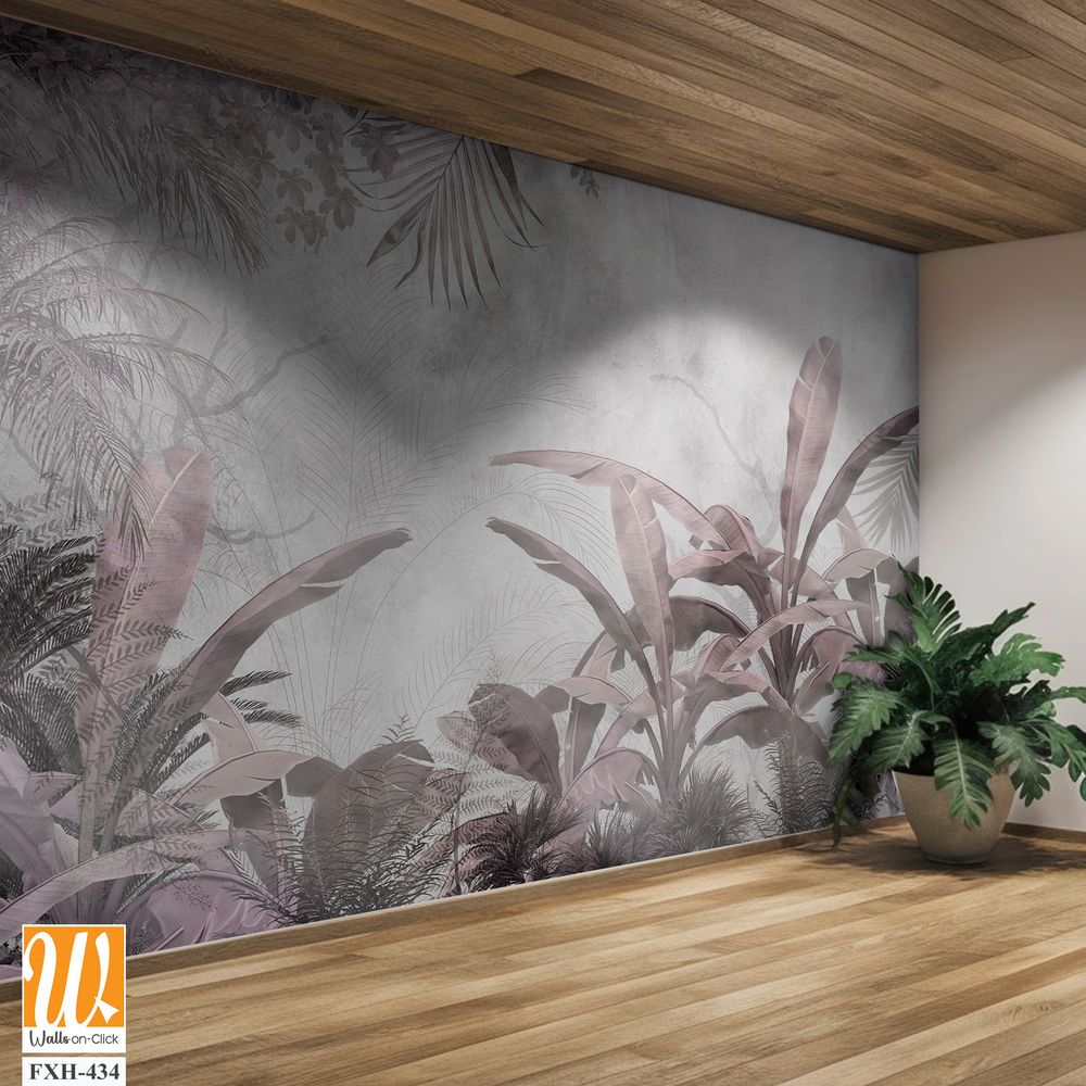 Tropical trees and leaves in foggy forest wallpaper design - 3D illustration [WP-FXH-434]