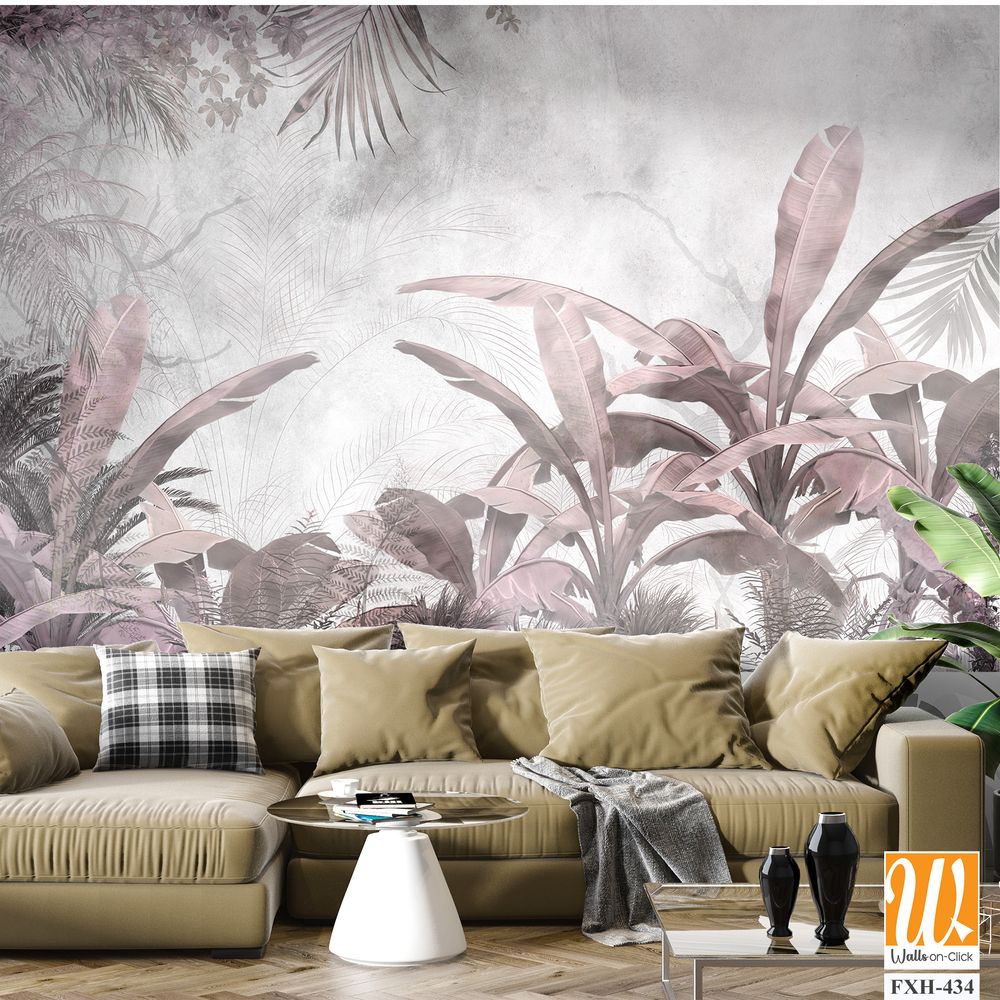 Tropical trees and leaves in foggy forest wallpaper design - 3D illustration [WP-FXH-434]