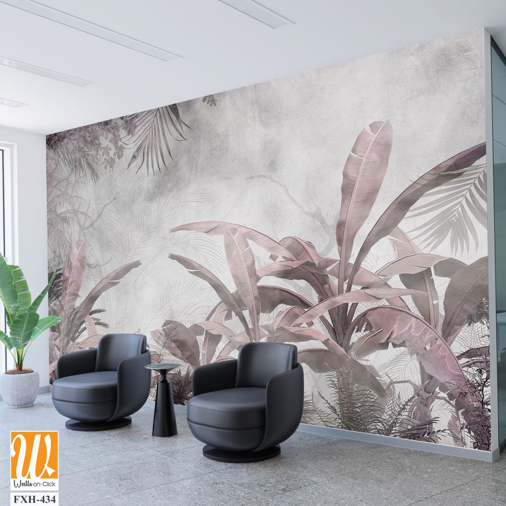 Tropical trees and leaves in foggy forest wallpaper design - 3D illustration [WP-FXH-434]