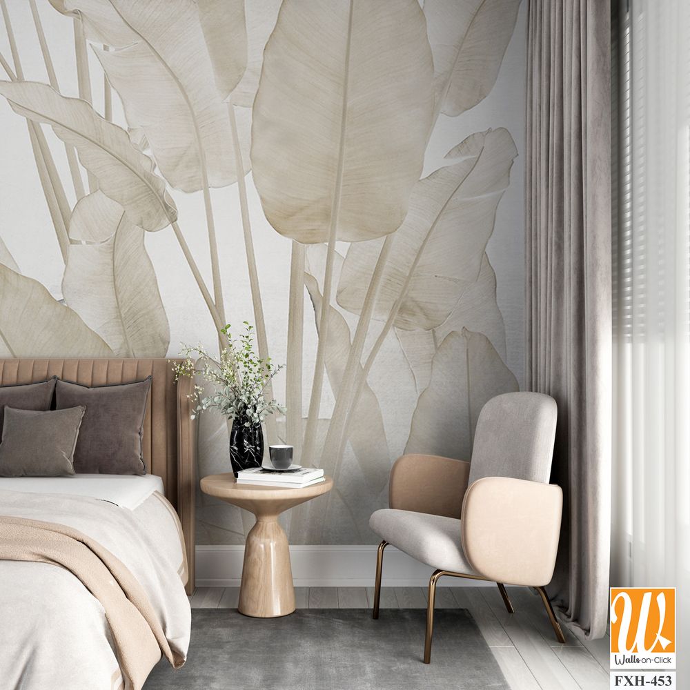 Tropical trees and leaves wallpaper design in foggy forest - 3D illustration [WP-FXH-453]