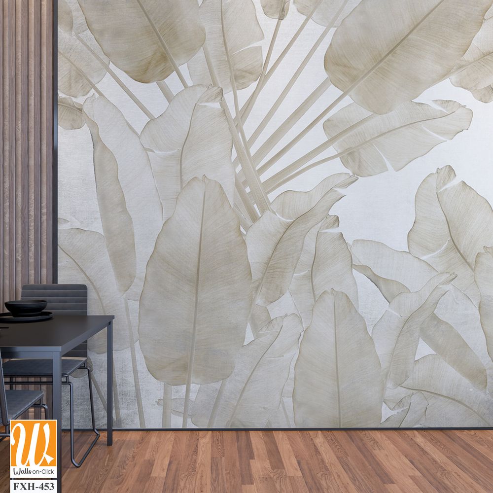 Tropical trees and leaves wallpaper design in foggy forest - 3D illustration [WP-FXH-453]