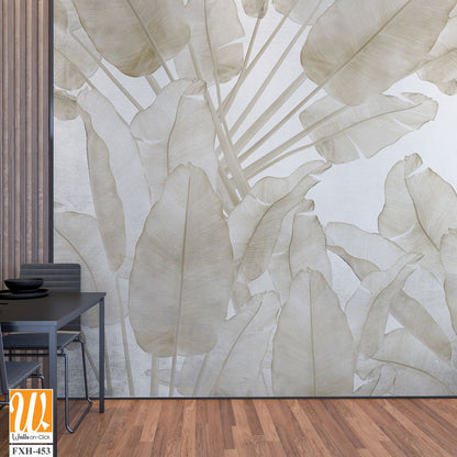 Tropical trees and leaves wallpaper design in foggy forest - 3D illustration [WP-FXH-453]