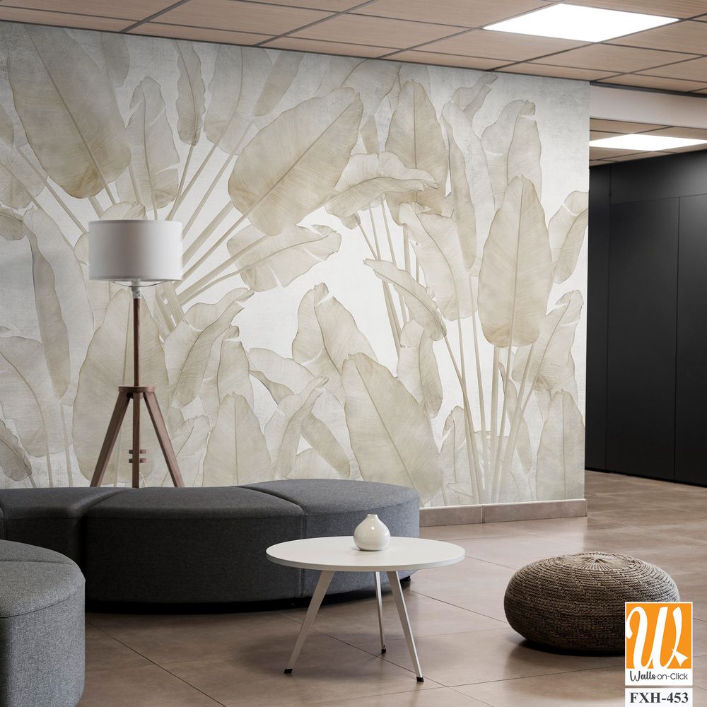 Tropical trees and leaves wallpaper design in foggy forest - 3D illustration [WP-FXH-453]