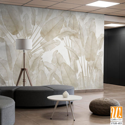 Tropical trees and leaves wallpaper design in foggy forest - 3D illustration [WP-FXH-453]