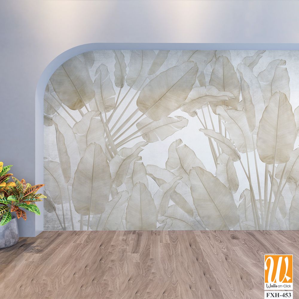 Tropical trees and leaves wallpaper design in foggy forest - 3D illustration [WP-FXH-453]