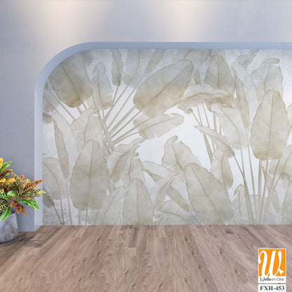 Tropical trees and leaves wallpaper design in foggy forest - 3D illustration [WP-FXH-453]