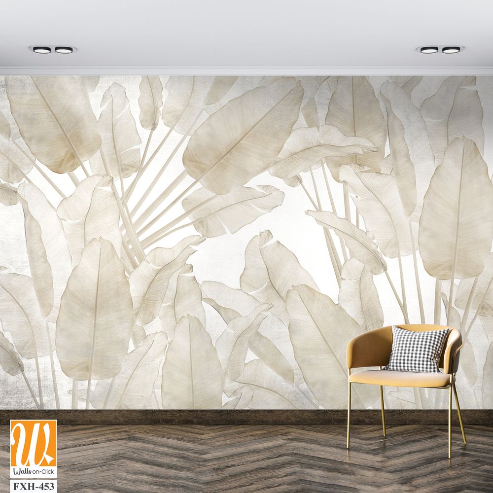 Tropical trees and leaves wallpaper design in foggy forest - 3D illustration [WP-FXH-453]