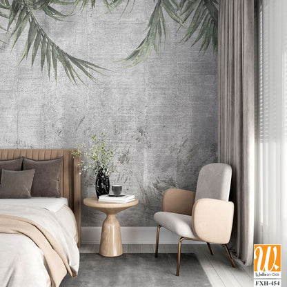 Tropical trees and leaves wallpaper design in foggy forest - 3D illustration [WP-FXH-454]