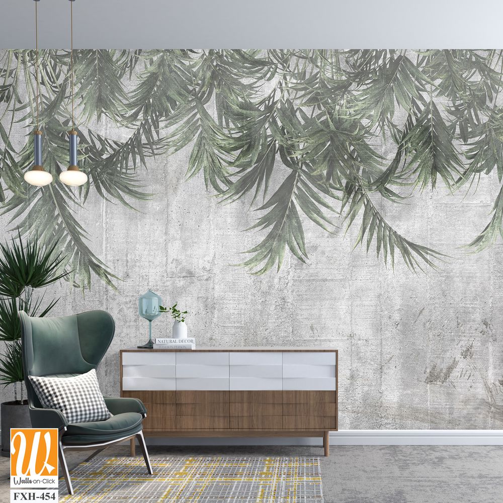 Tropical trees and leaves wallpaper design in foggy forest - 3D illustration [WP-FXH-454]
