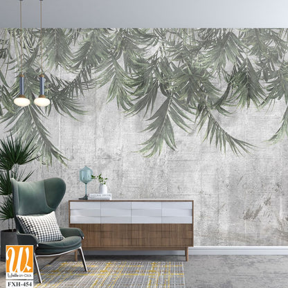 Tropical trees and leaves wallpaper design in foggy forest - 3D illustration [WP-FXH-454]