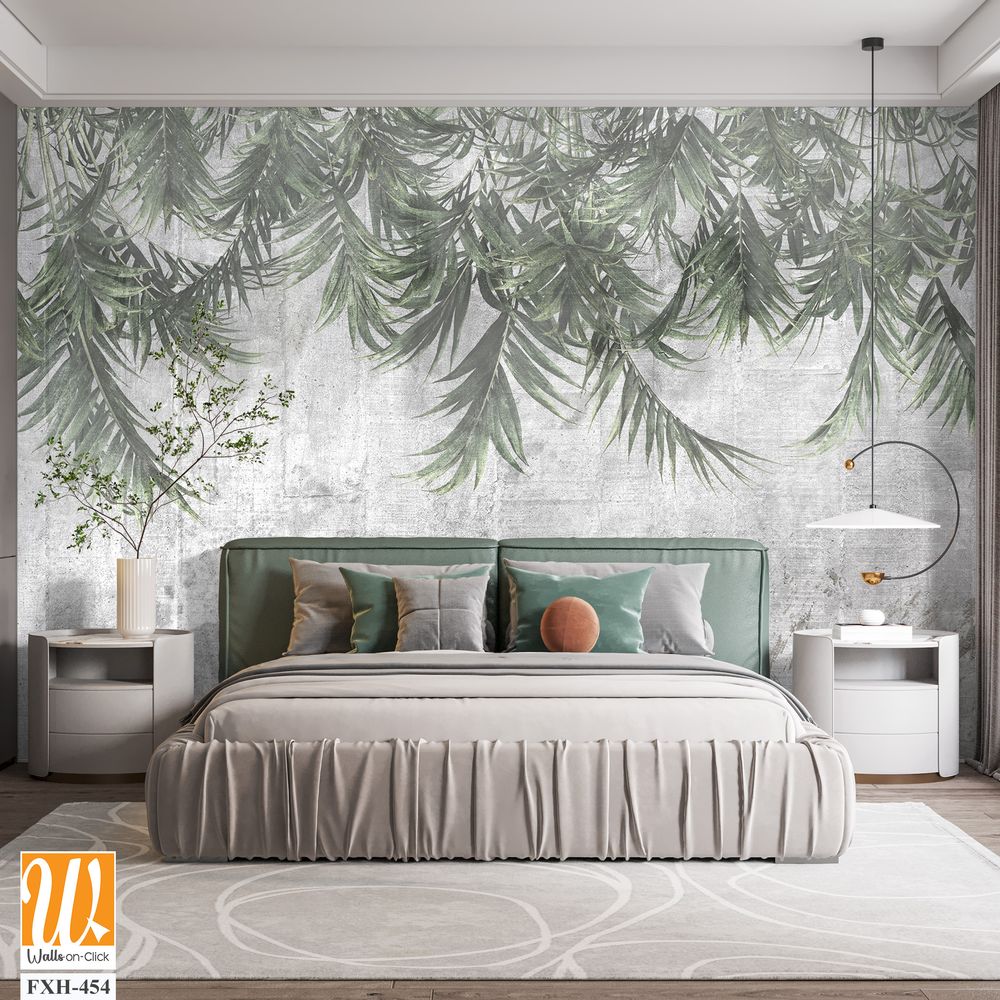 Tropical trees and leaves wallpaper design in foggy forest - 3D illustration [WP-FXH-454]