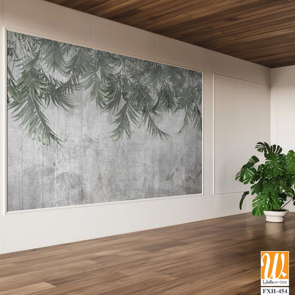 Tropical trees and leaves wallpaper design in foggy forest - 3D illustration [WP-FXH-454]