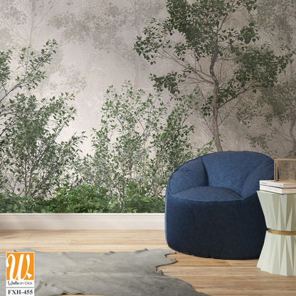 Tropical trees and leaves wallpaper design in foggy forest - 3D illustration [WP-FXH-455]