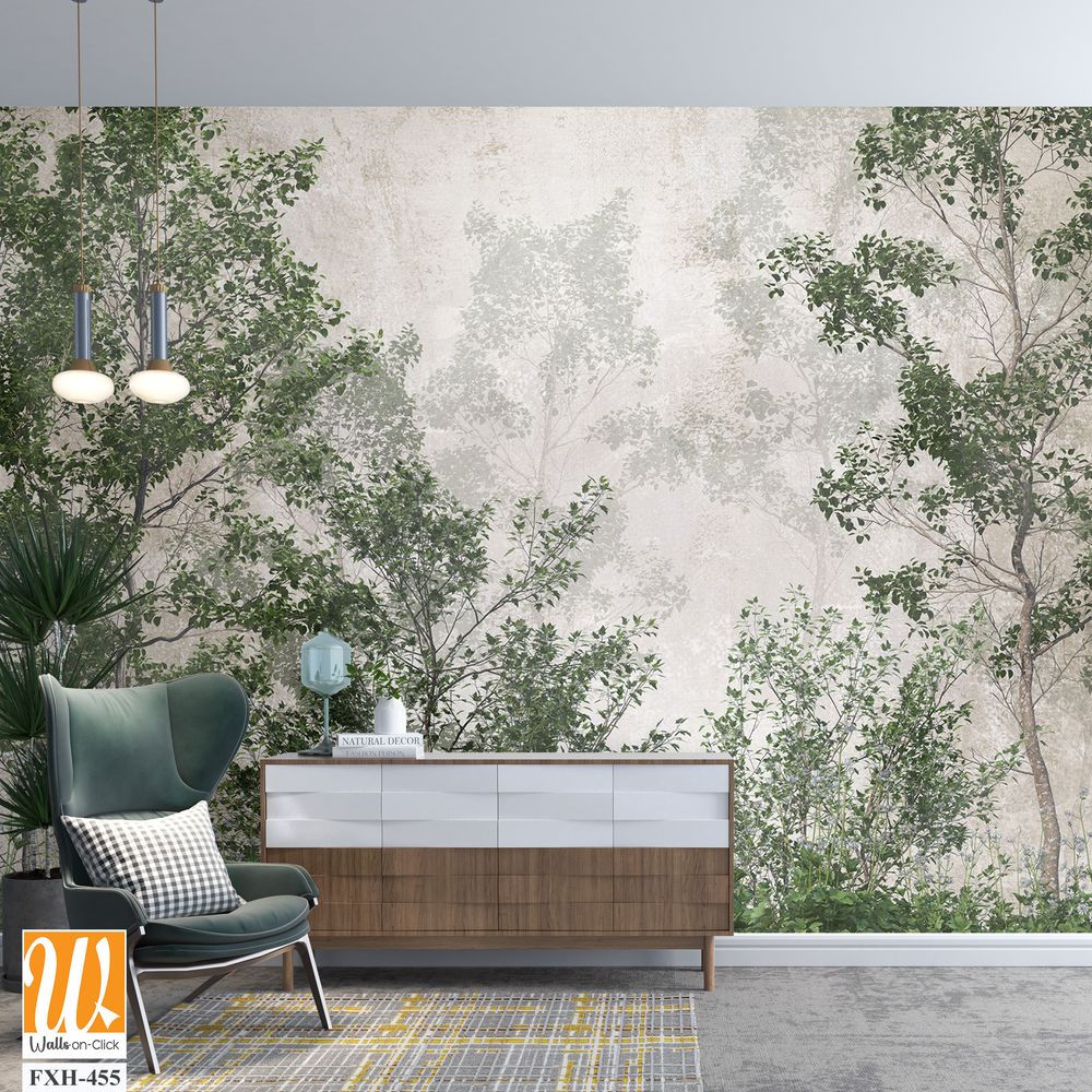 Tropical trees and leaves wallpaper design in foggy forest - 3D illustration [WP-FXH-455]