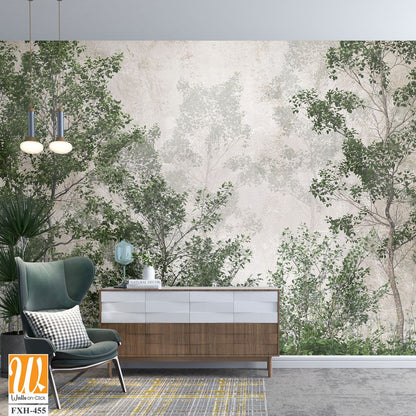 Tropical trees and leaves wallpaper design in foggy forest - 3D illustration [WP-FXH-455]