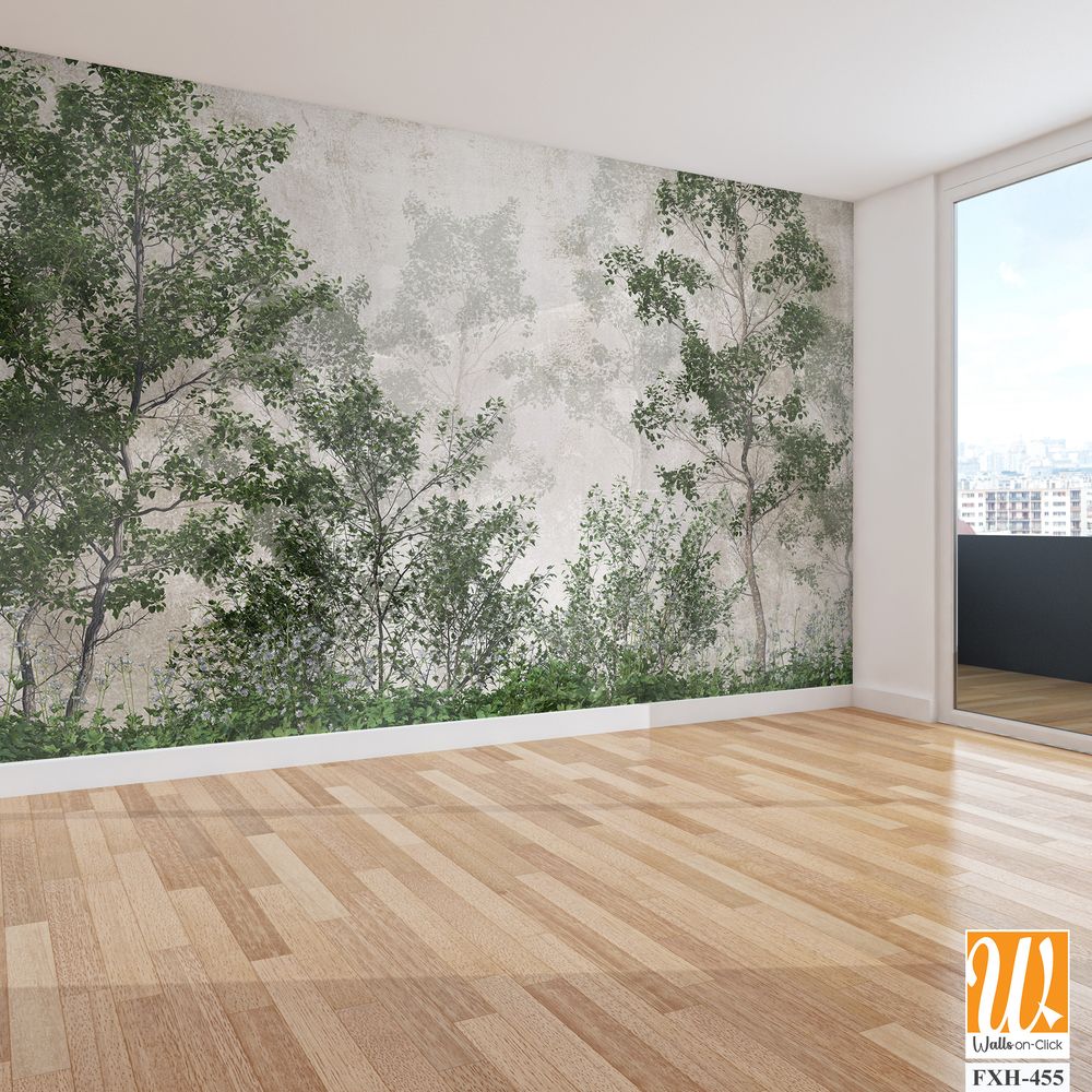 Tropical trees and leaves wallpaper design in foggy forest - 3D illustration [WP-FXH-455]