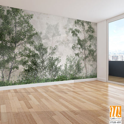 Tropical trees and leaves wallpaper design in foggy forest - 3D illustration [WP-FXH-455]