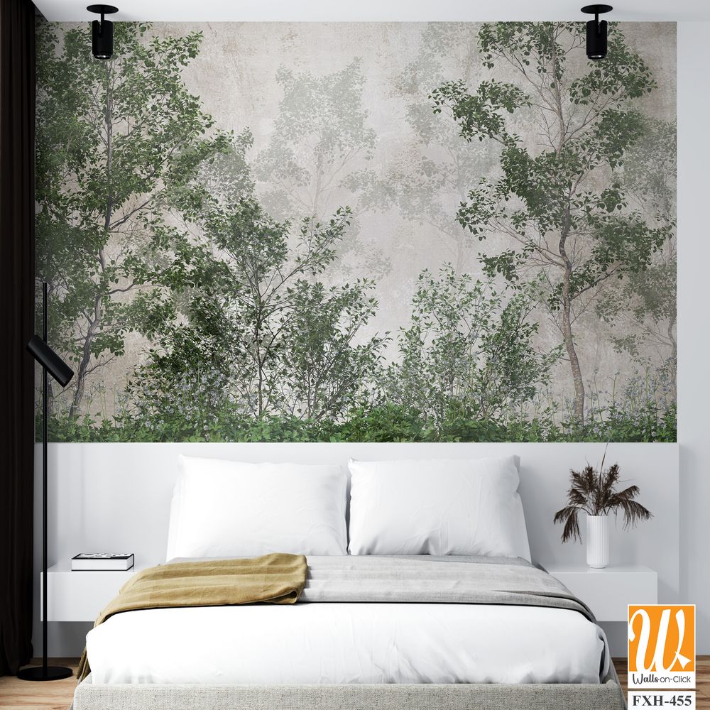 Tropical trees and leaves wallpaper design in foggy forest - 3D illustration [WP-FXH-455]