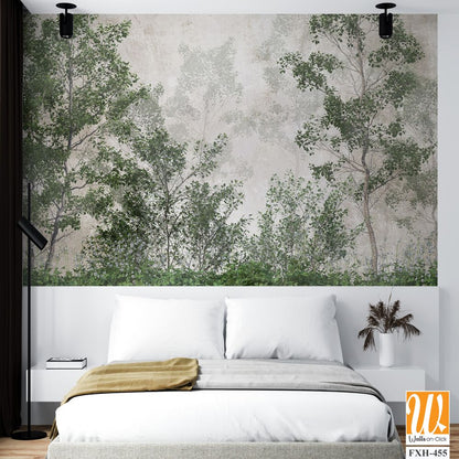 Tropical trees and leaves wallpaper design in foggy forest - 3D illustration [WP-FXH-455]