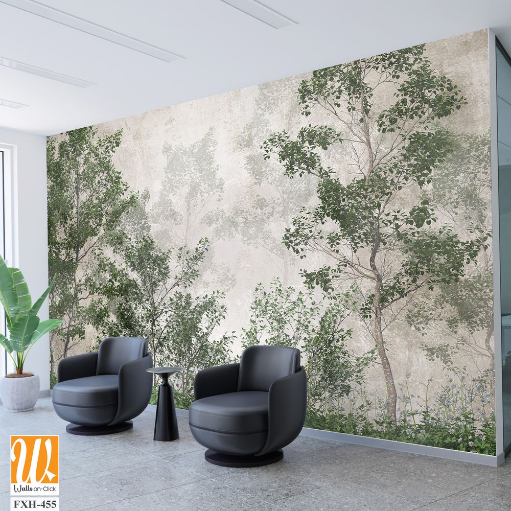 Tropical trees and leaves wallpaper design in foggy forest - 3D illustration [WP-FXH-455]