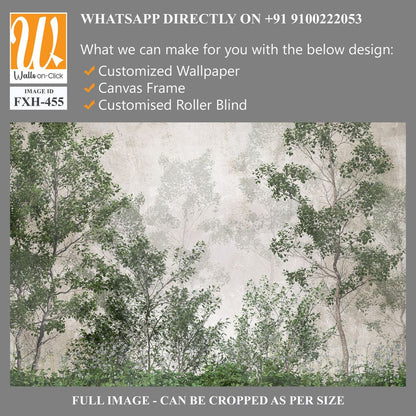 Tropical trees and leaves wallpaper design in foggy forest - 3D illustration [WP-FXH-455]