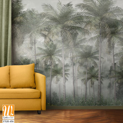 Tropical trees and leaves wallpaper design in foggy forest - 3D illustration [WP-FXH-456]