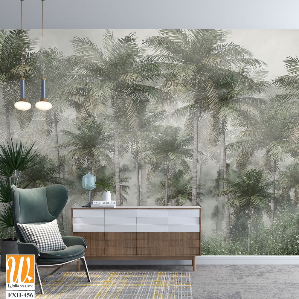 Tropical trees and leaves wallpaper design in foggy forest - 3D illustration [WP-FXH-456]