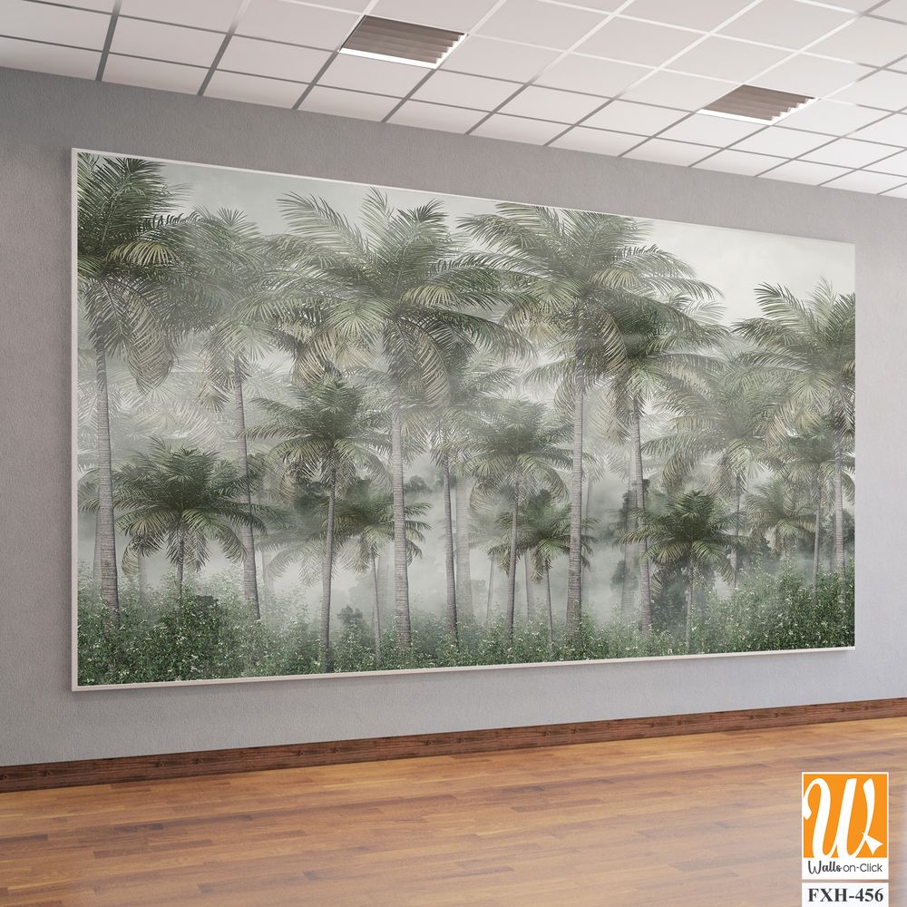 Tropical trees and leaves wallpaper design in foggy forest - 3D illustration [WP-FXH-456]