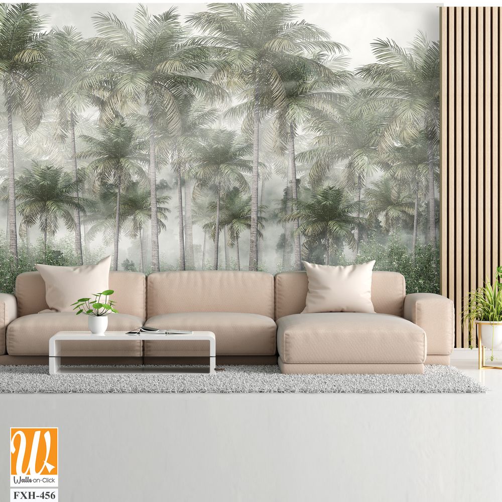 Tropical trees and leaves wallpaper design in foggy forest - 3D illustration [WP-FXH-456]