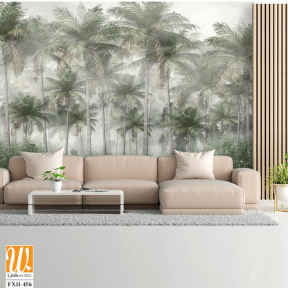 Tropical trees and leaves wallpaper design in foggy forest - 3D illustration [WP-FXH-456]