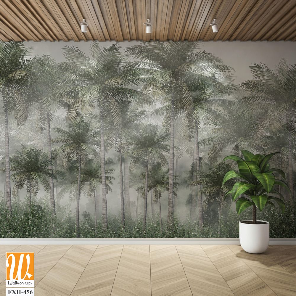 Tropical trees and leaves wallpaper design in foggy forest - 3D illustration [WP-FXH-456]