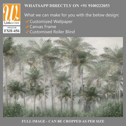 Tropical trees and leaves wallpaper design in foggy forest - 3D illustration [WP-FXH-456]
