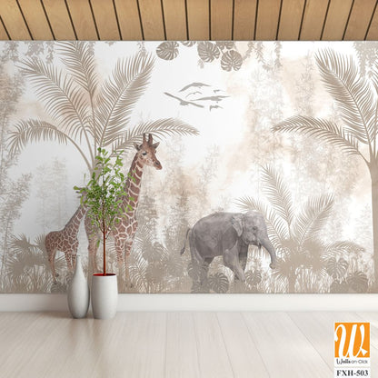 Cute animals wallpaper design for kids rooms- 3d illustration [WP-FXH-503]